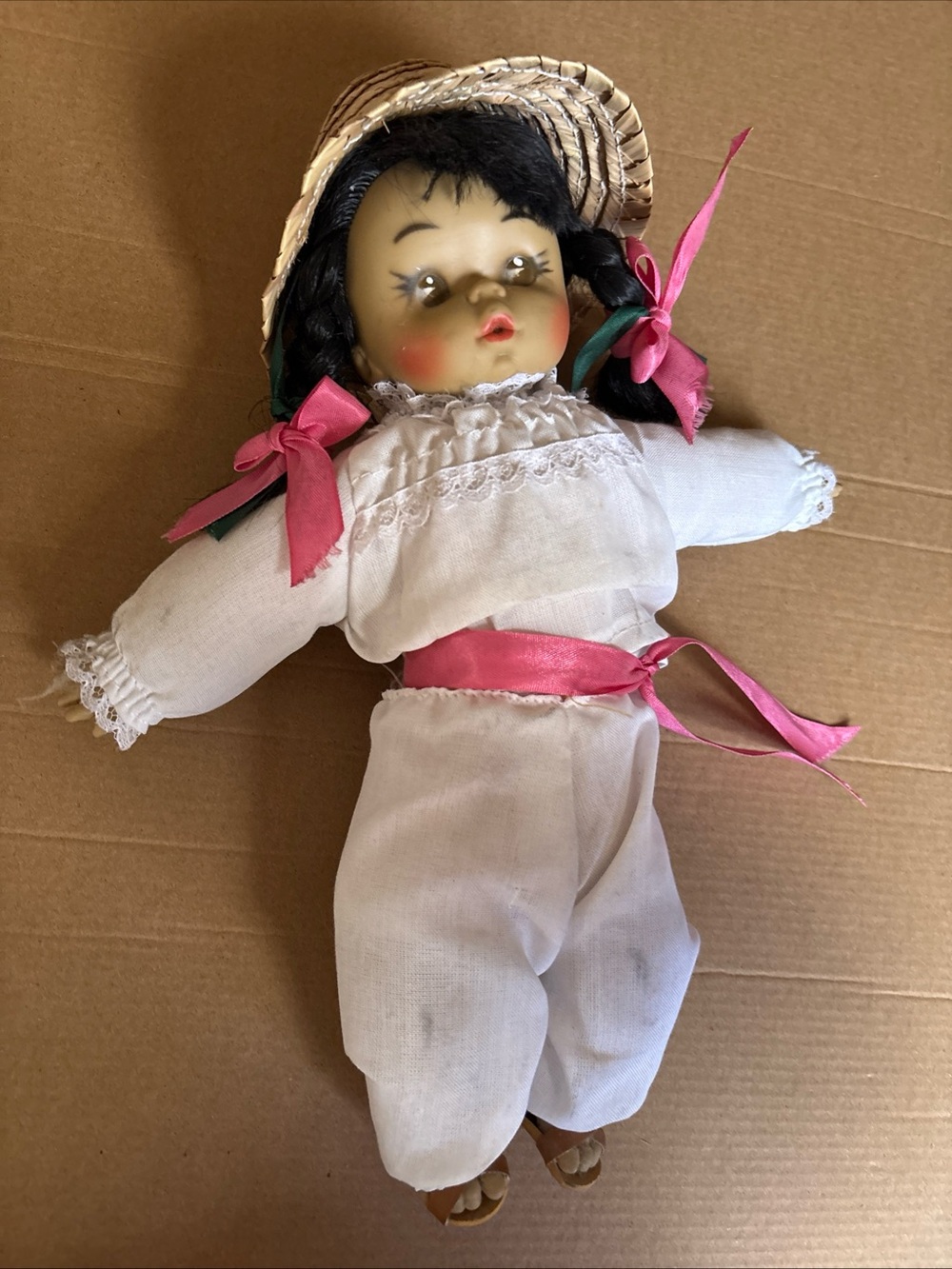 Vintage Mexican Cloth Doll with Straw Hat and Pink Accents